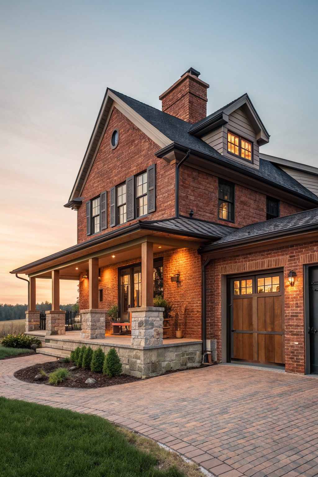 Two-story red brick house with stone porch, chimney, wooden garage door, and brick driveway at dusk.