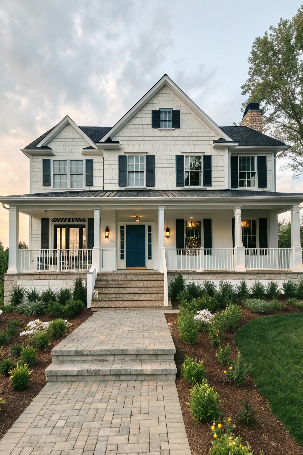 Front view of a white two-story farmhouse with a wide porch supported by white columns, dark shutters on the windows, and a central blue door at the top of stone steps.
