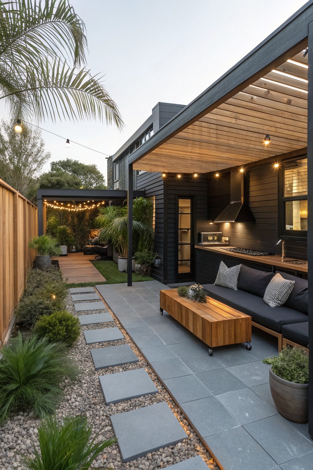 A covered outdoor patio with a wood ceiling, black house siding, outdoor kitchen counter, dark sectional sofa, and a gravel path with stepping stones leading through the garden.
