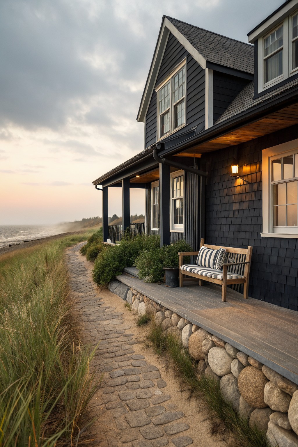 A black shingled house with a wooden porch and bench beside a stone path leading toward the ocean.