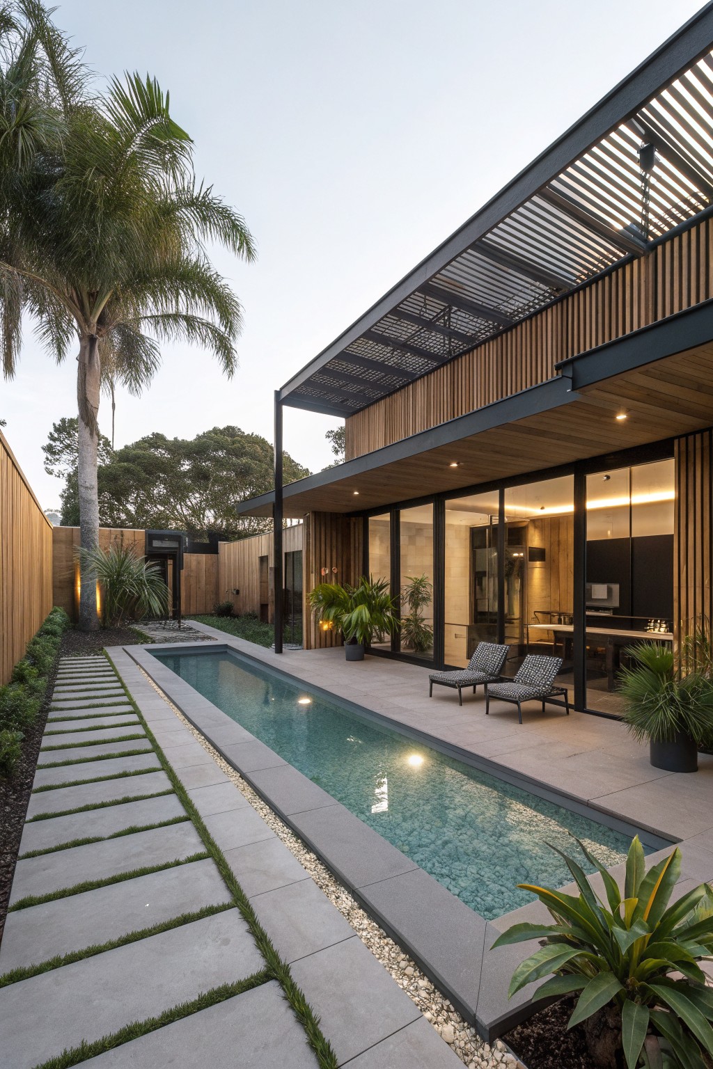 Modern home with long pool, lounge chairs, palm tree and stone pathway