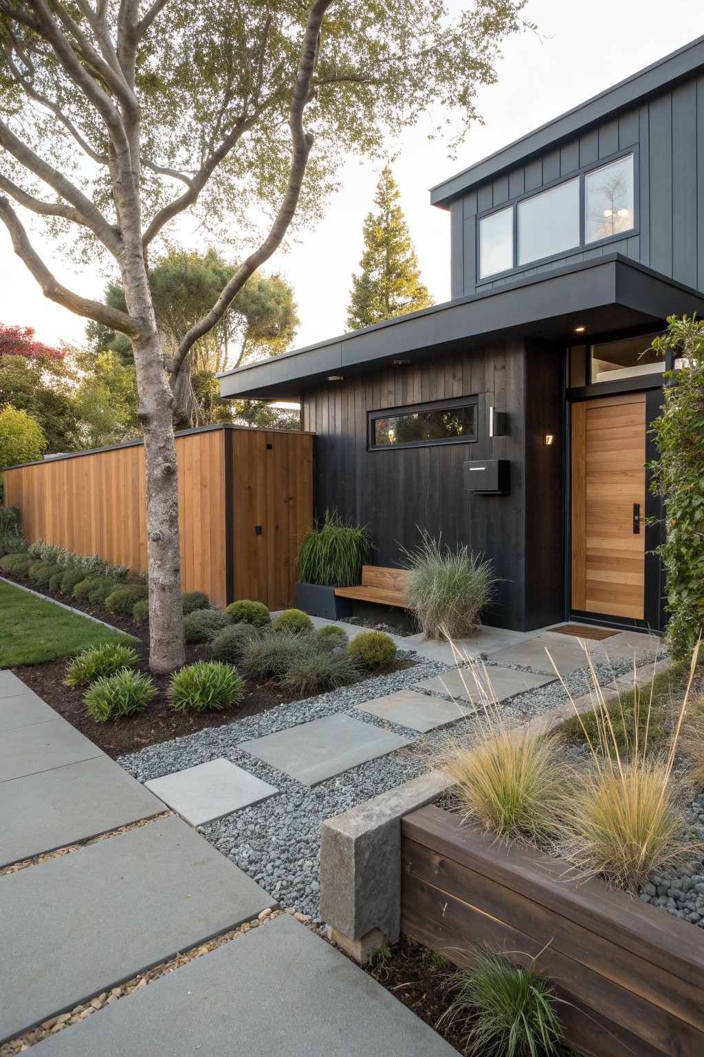 Modern dark house with wooden door, stone path, gravel garden and plants.
