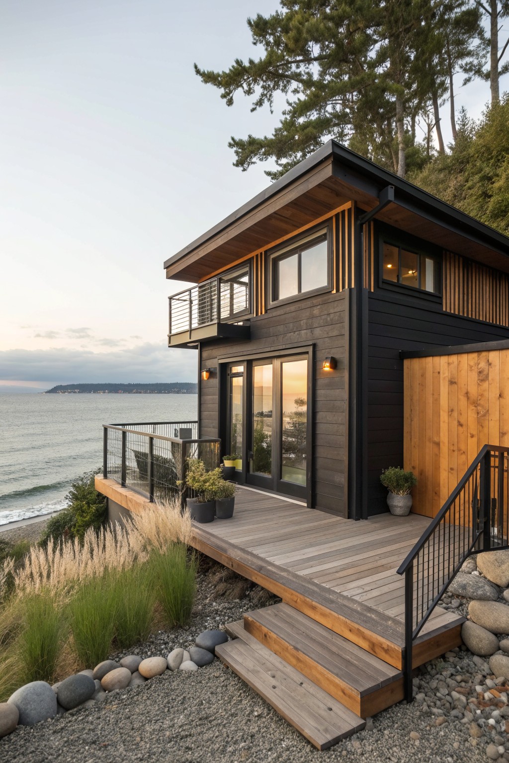 A modern two-story house with black siding and wood accents sits on a deck above a rocky shoreline, with stairs leading down to the water.