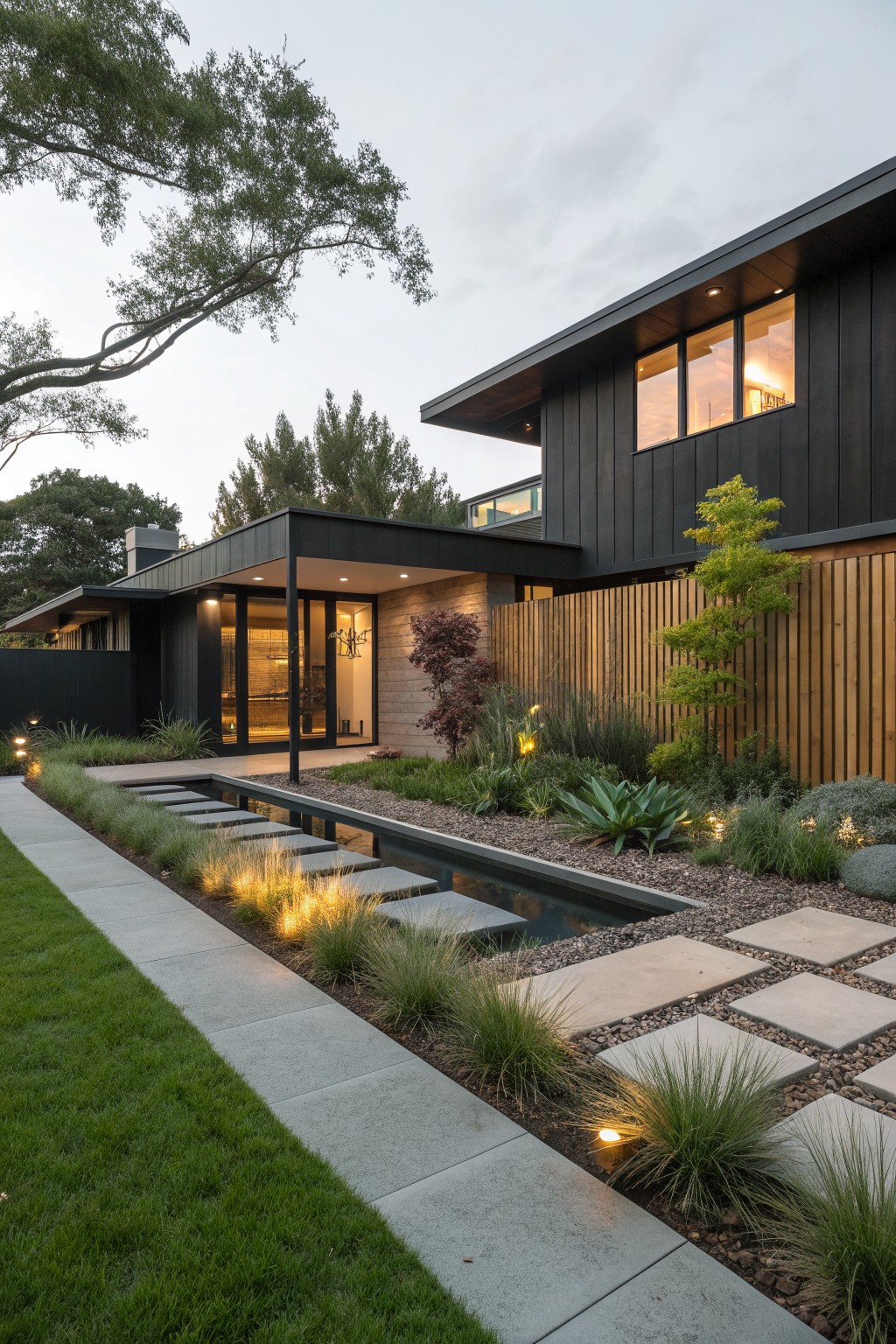 A modern two-story house with black vertical siding, large lit windows, a wooden fence, a narrow water feature with stepping stones, and landscaped beds with pathway lighting at dusk.