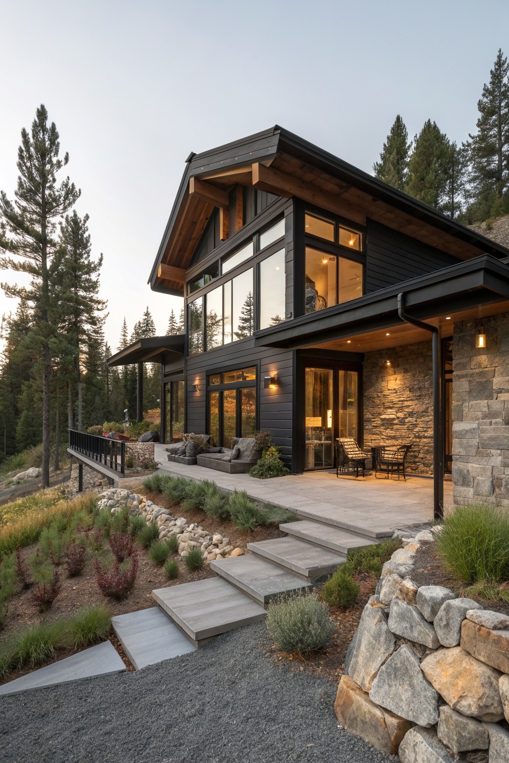 A modern two-story house exterior featuring black siding, exposed wood beams, large windows, a stone base, and a concrete patio with outdoor seating.