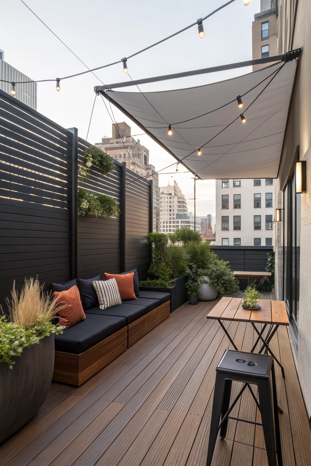 A rooftop balcony with wooden decking, built-in seating with dark cushions and orange pillows, a wooden table with stool, string lights, and a shade sail against black slatted walls.