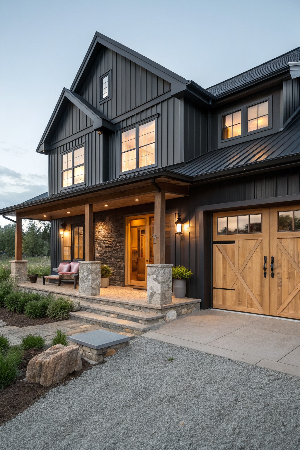 A two-story house with dark vertical siding, light wood garage doors, stone porch pillars, and warm interior lighting visible through the windows.