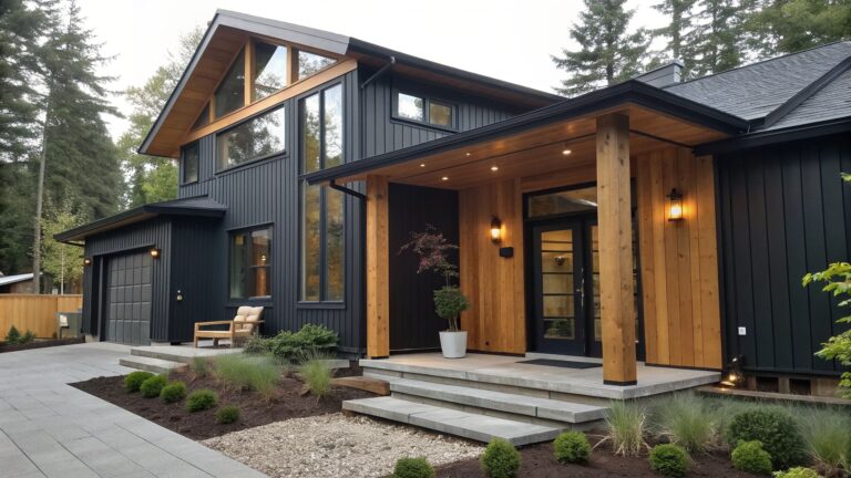 A modern two-story house with black vertical siding, a light wood front door, and a covered entry porch with wood ceiling and concrete steps.