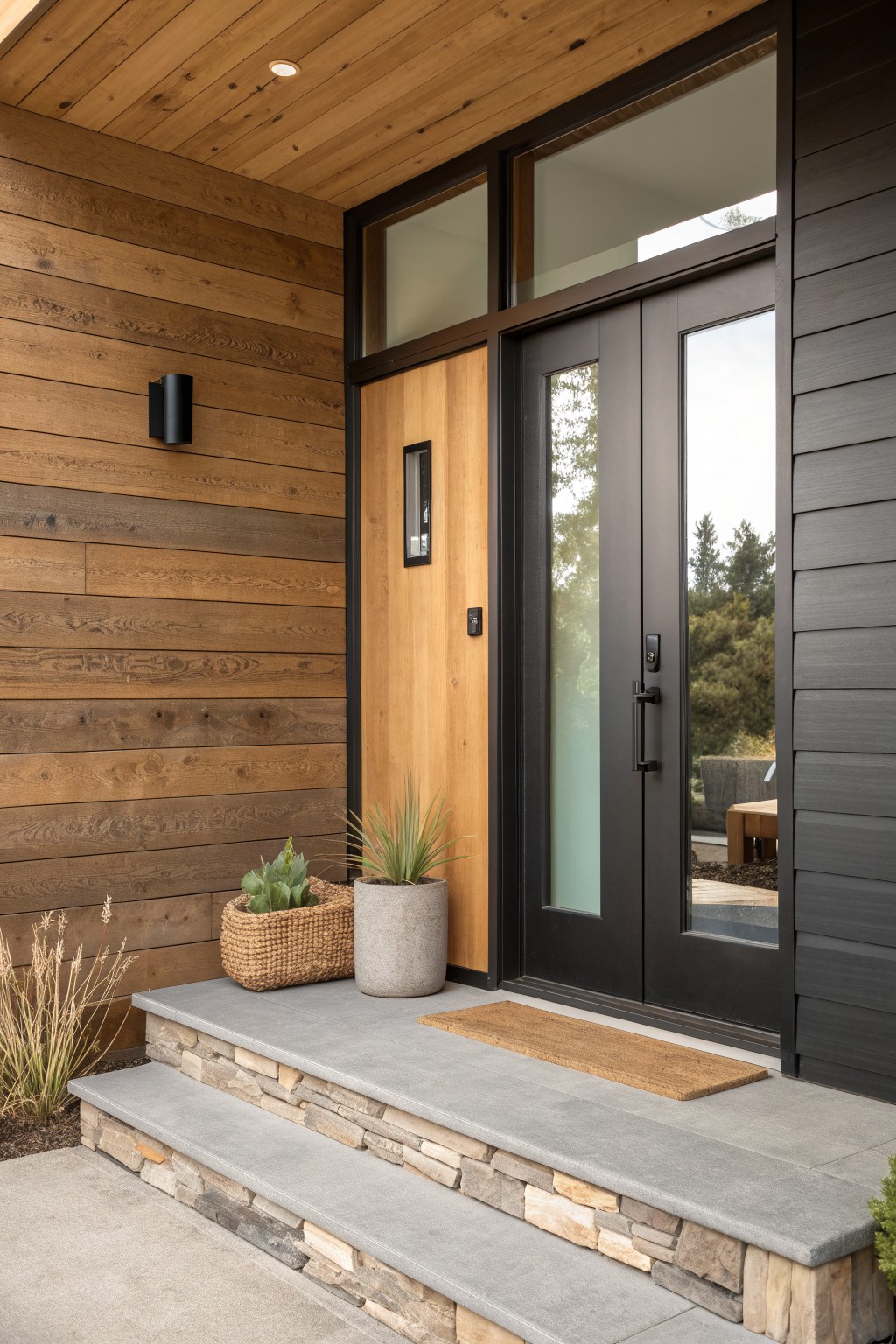Front entry of a house showing horizontal wood siding, a light wood single door, black-framed double doors with glass panels, concrete steps, and two potted plants beside a doormat.
