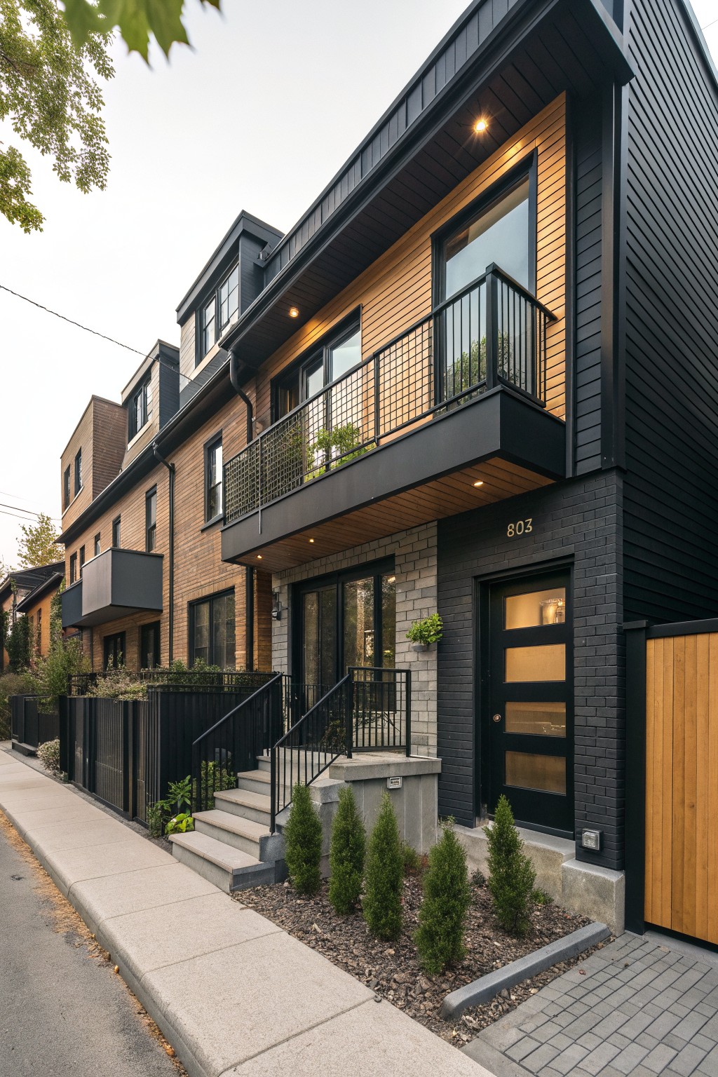 A modern multi-story house exterior featuring black siding, wood paneling, black railings on a balcony, and a black door with steps to the sidewalk.