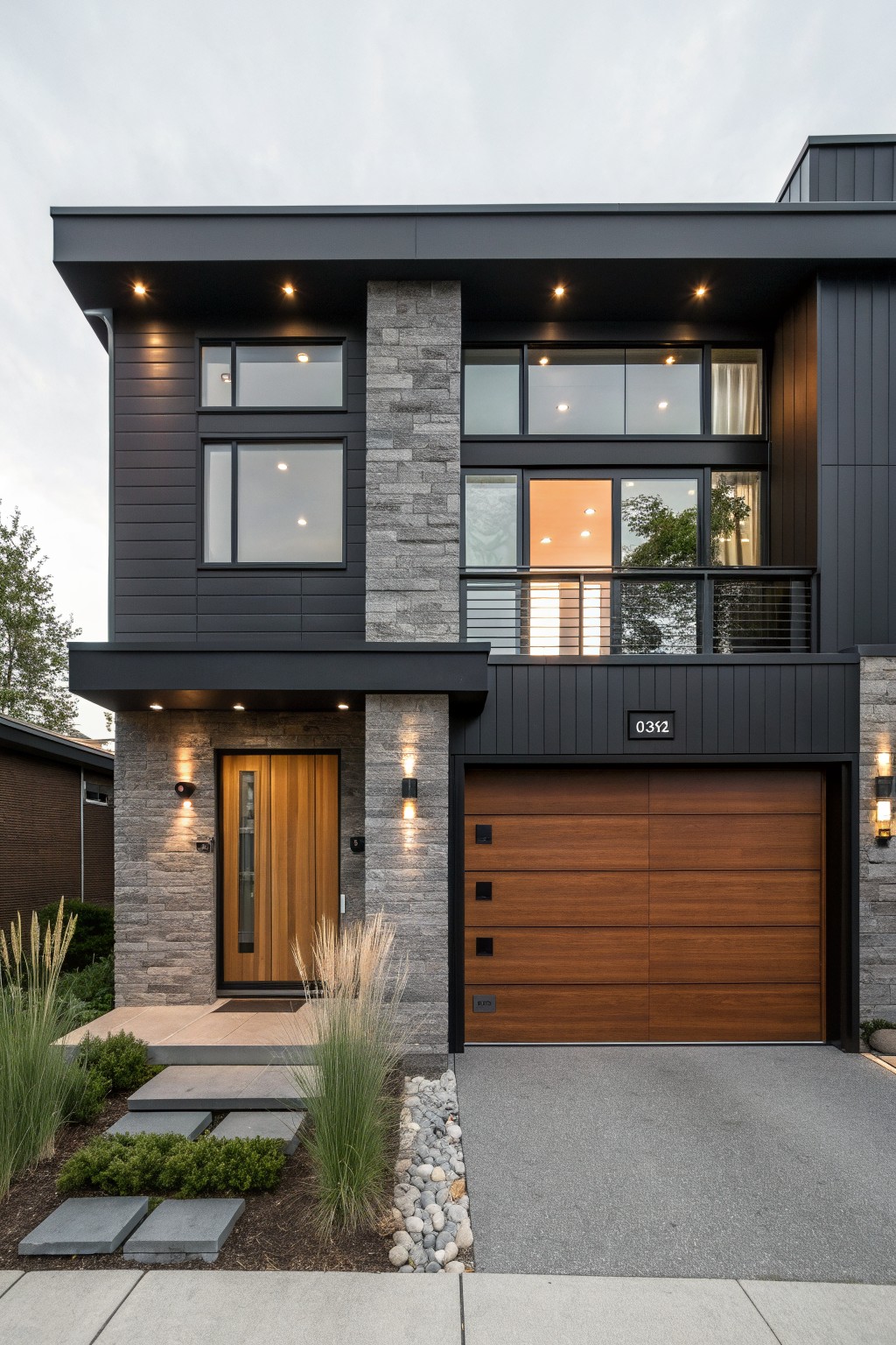 Modern two-story house with dark siding, stone accents, wooden door and garage.