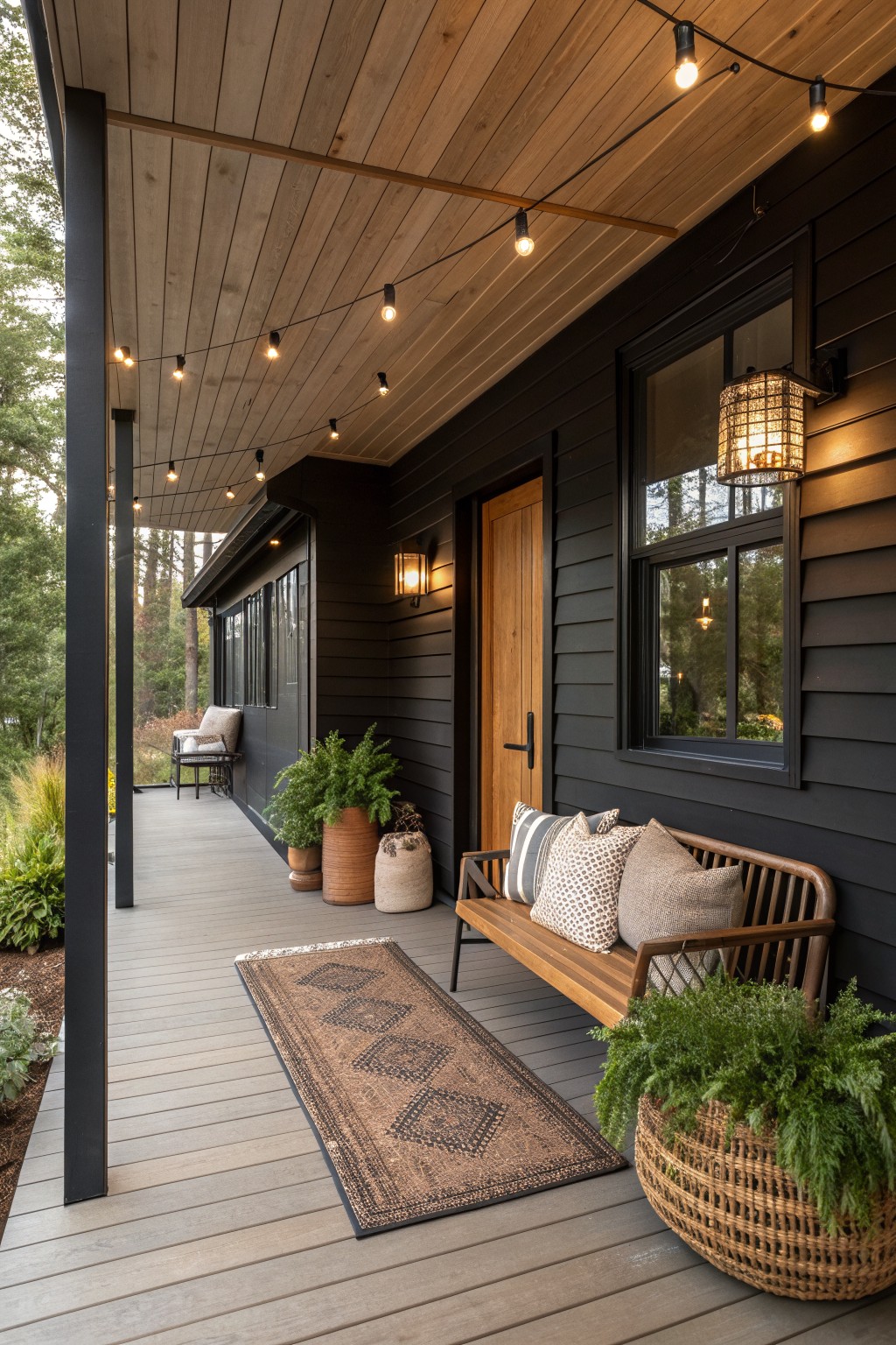Modern dark wood porch with string lights, bench, rug, and potted plants.