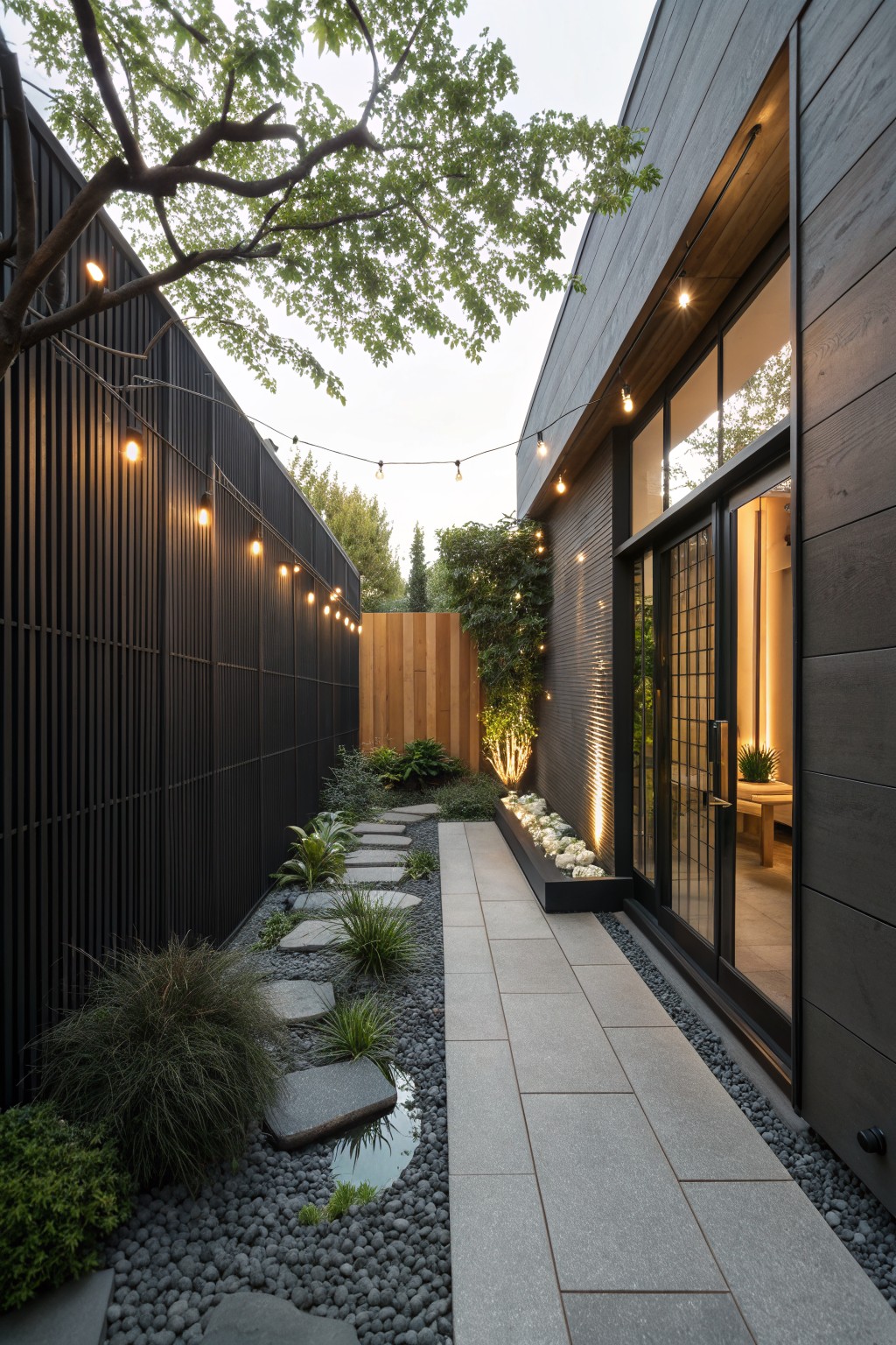 A narrow outdoor walkway between two dark wood buildings features a stone path through gravel, low plants, and string lights along the walls with an open glass door on the right.