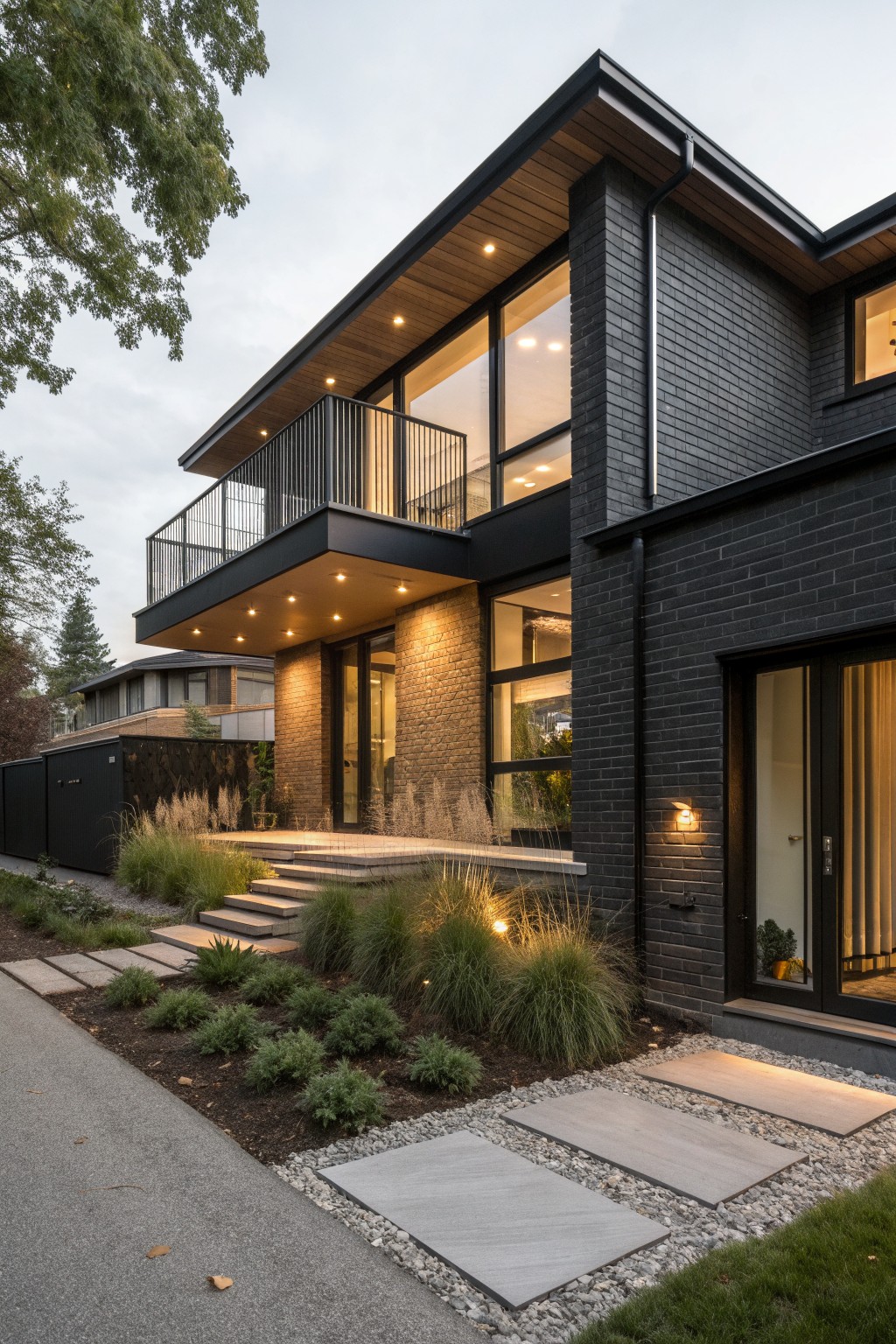 Modern dark brick home with large windows, balcony, and illuminated stone pathway.