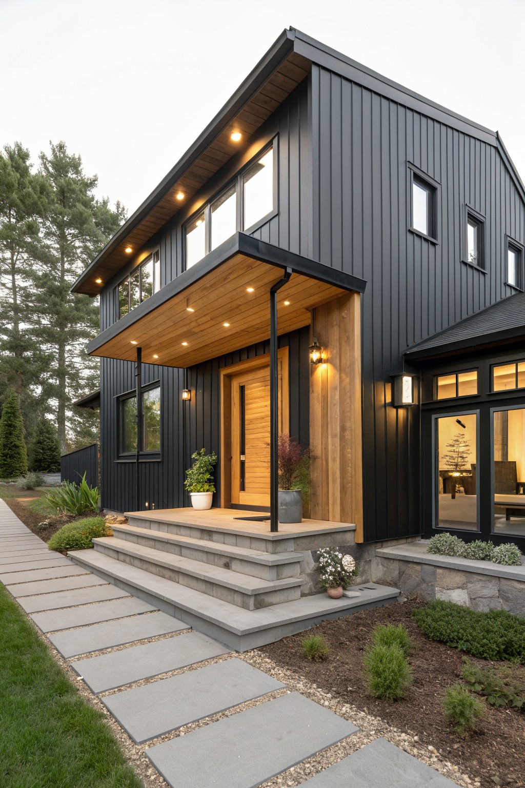 A modern two-story house with black vertical siding, a light wood front door, and a covered entry porch with wood ceiling and concrete steps.