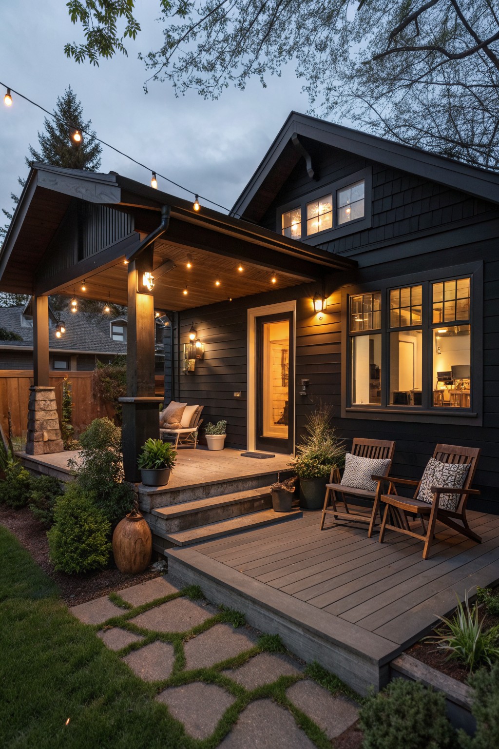 Dark house with string-lit porch, wooden chairs, potted plants, and stone path at dusk