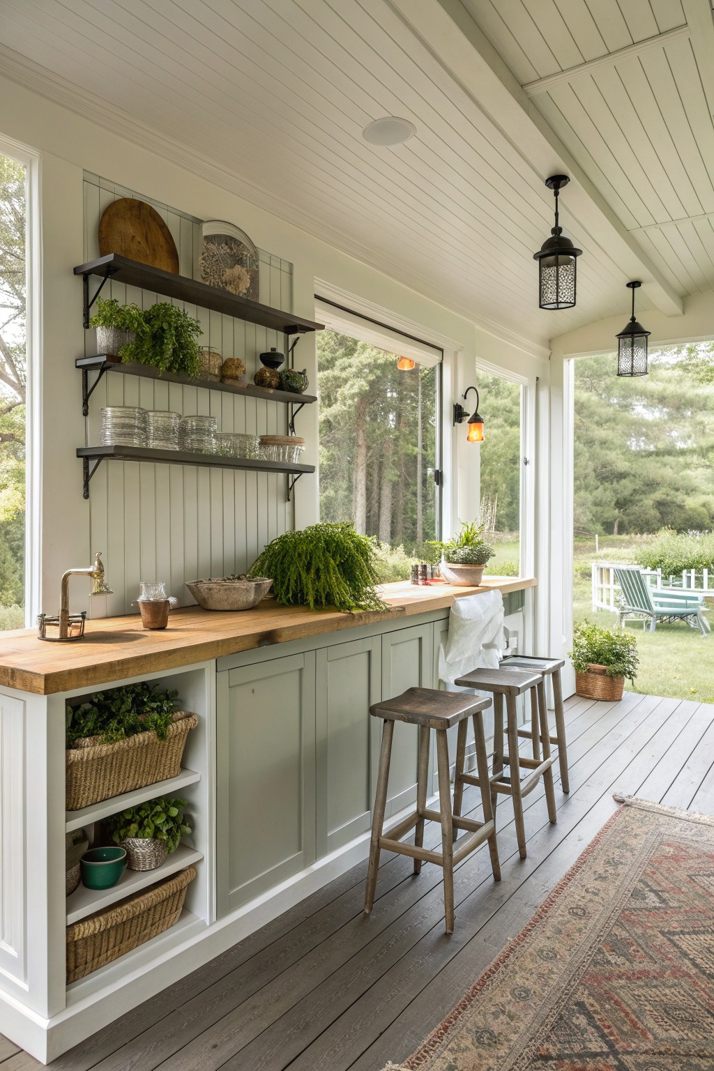 Rustic porch kitchen with wooden counter, sage cabinets, open shelves, and bar stools