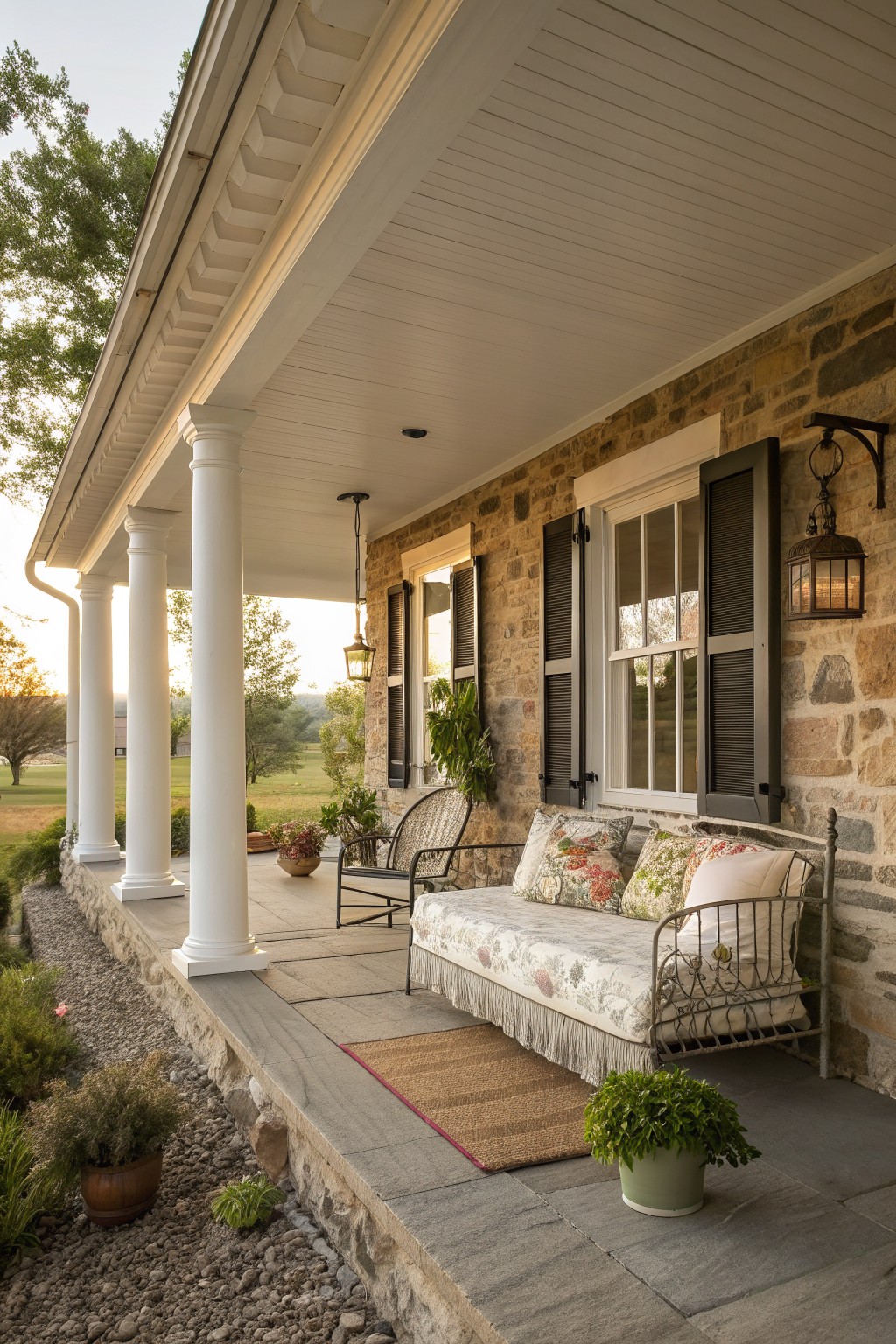 A stone farmhouse porch with white columns, black shutters, a cushioned daybed with pillows, a wicker chair, and a striped rug.
