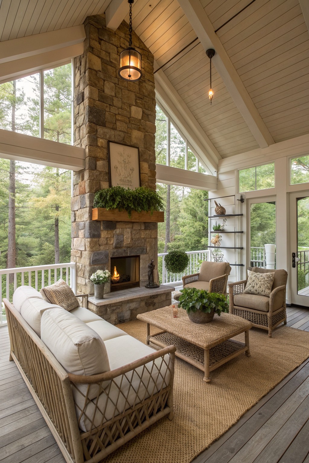 A covered porch featuring a tall stone fireplace with a fire burning, wicker seating, a coffee table on a large rug, and large windows overlooking trees.