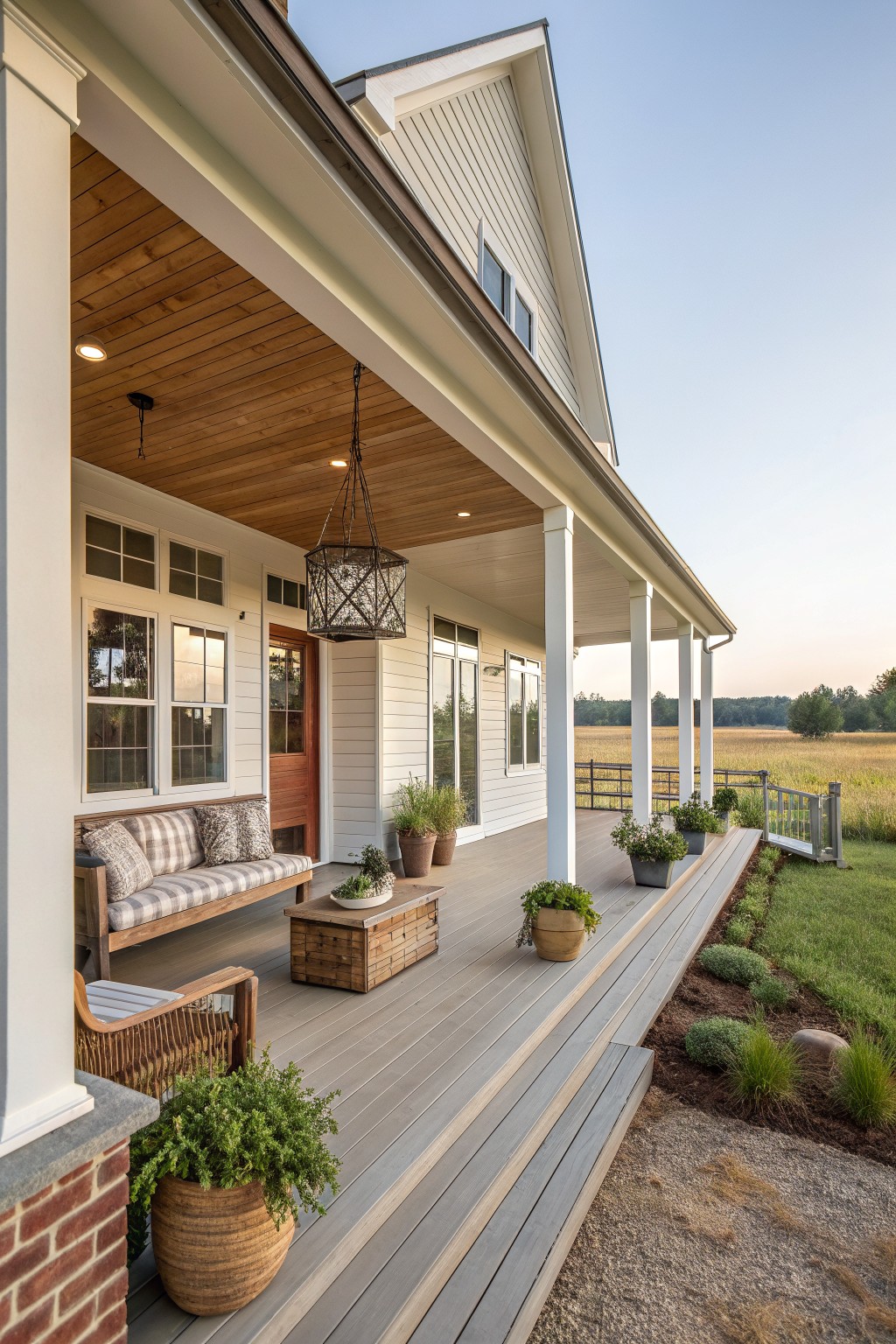 Farmhouse wraparound porch with wooden bench seating, cushions, a low table, and potted plants beside open fields.