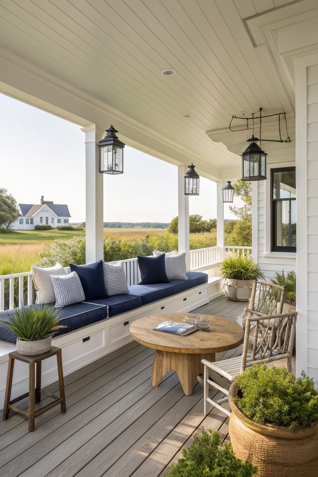 A wraparound porch featuring a long built-in bench with navy cushions, black lanterns overhead, a round wooden table, and potted plants along the railing.