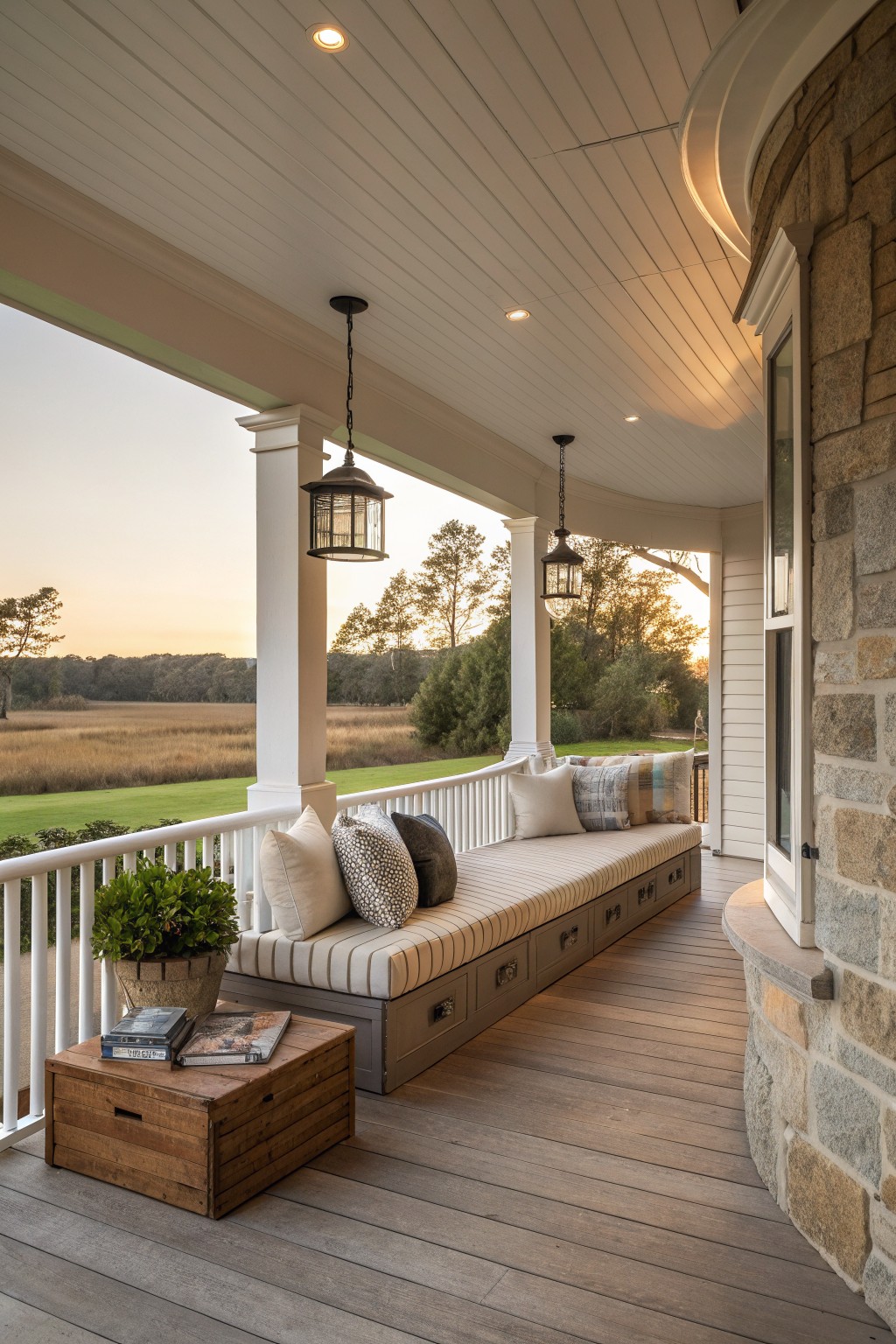 A long built-in bench with storage drawers sits along a white-railed wraparound porch, topped with striped cushions and pillows, with hanging lanterns above and a wooden table holding books and a plant in the foreground.