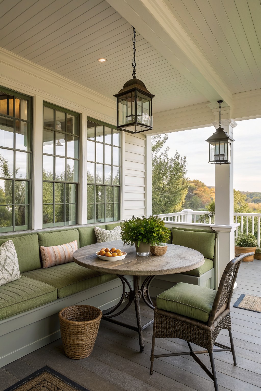 A covered porch with built-in green cushioned benches around a round wooden table, two hanging lanterns, and windows overlooking trees.