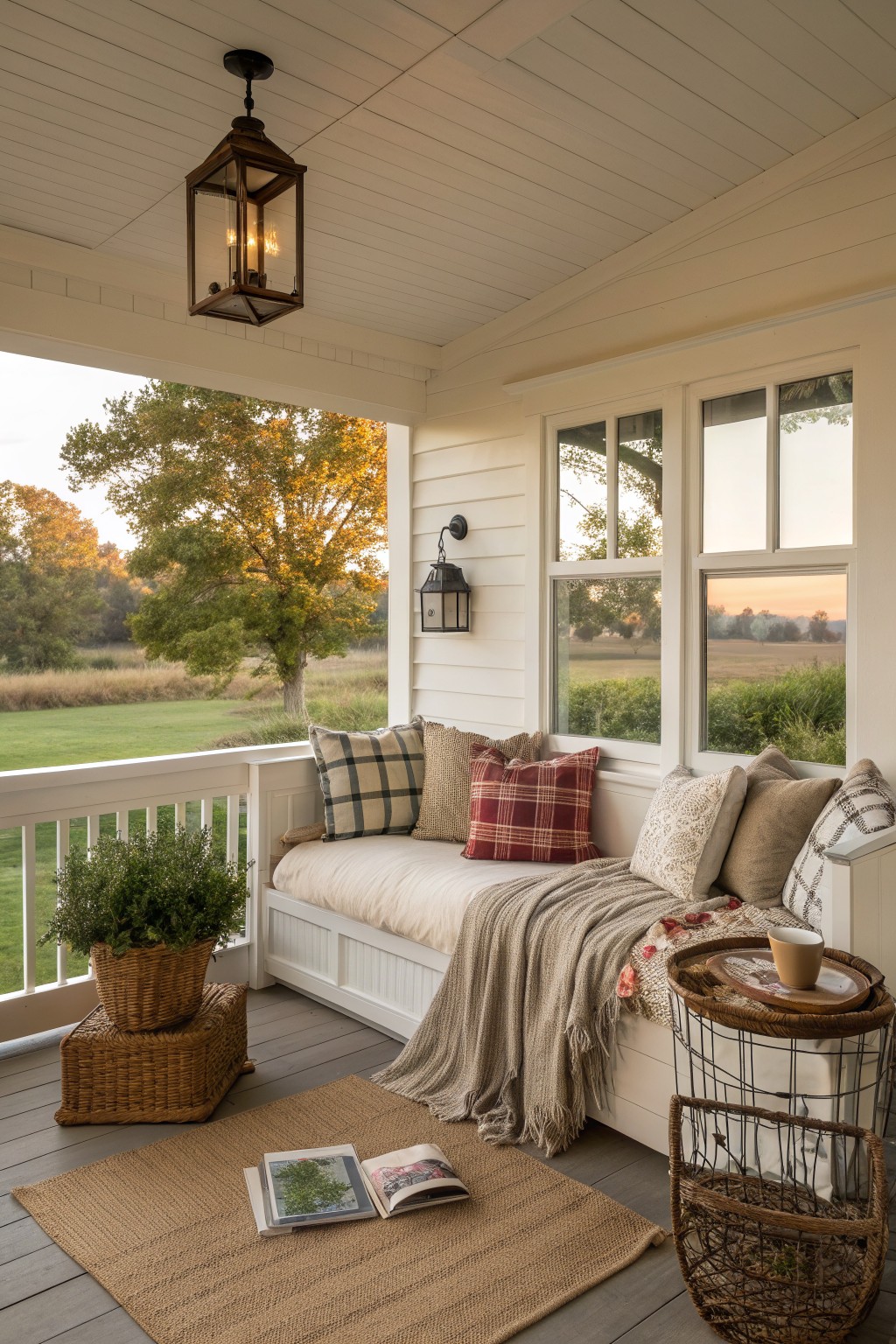 A white wraparound porch with a built-in cushioned bench holding plaid and neutral pillows, a beige throw blanket, a hanging lantern above, and woven baskets on the floor beside large windows.
