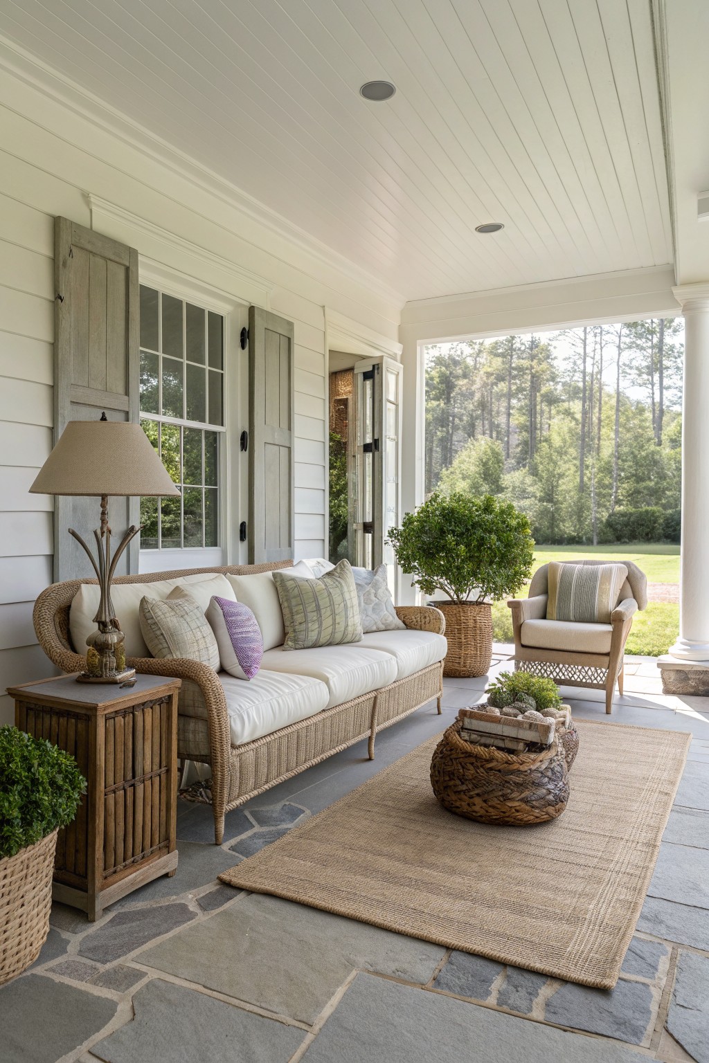 Cozy porch with wicker sofa, armchair, jute rug, side table, and potted plants