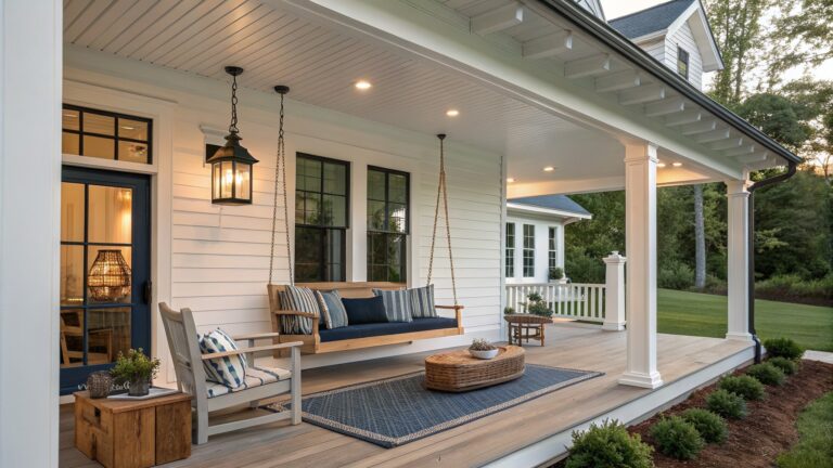 15 Cozy Wraparound Porch Farmhouse Ideas for Relaxed Country Living White wooden porch swing with blue pillows on deck beside potted plants