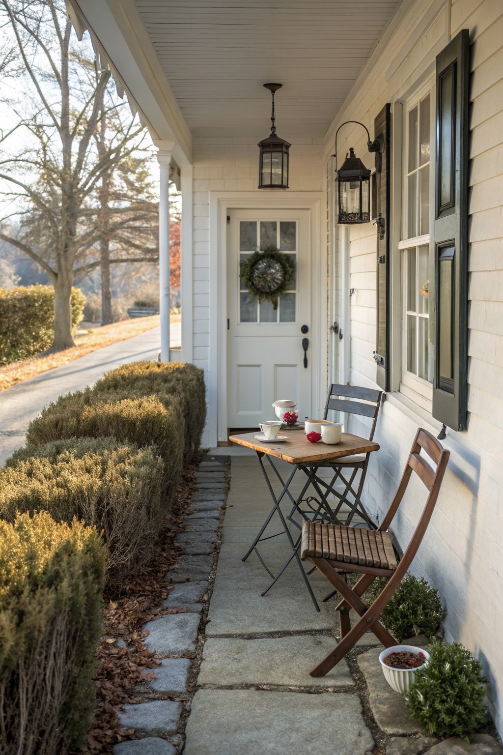 Wooden bistro table and chairs on white house porch with lanterns and wreath