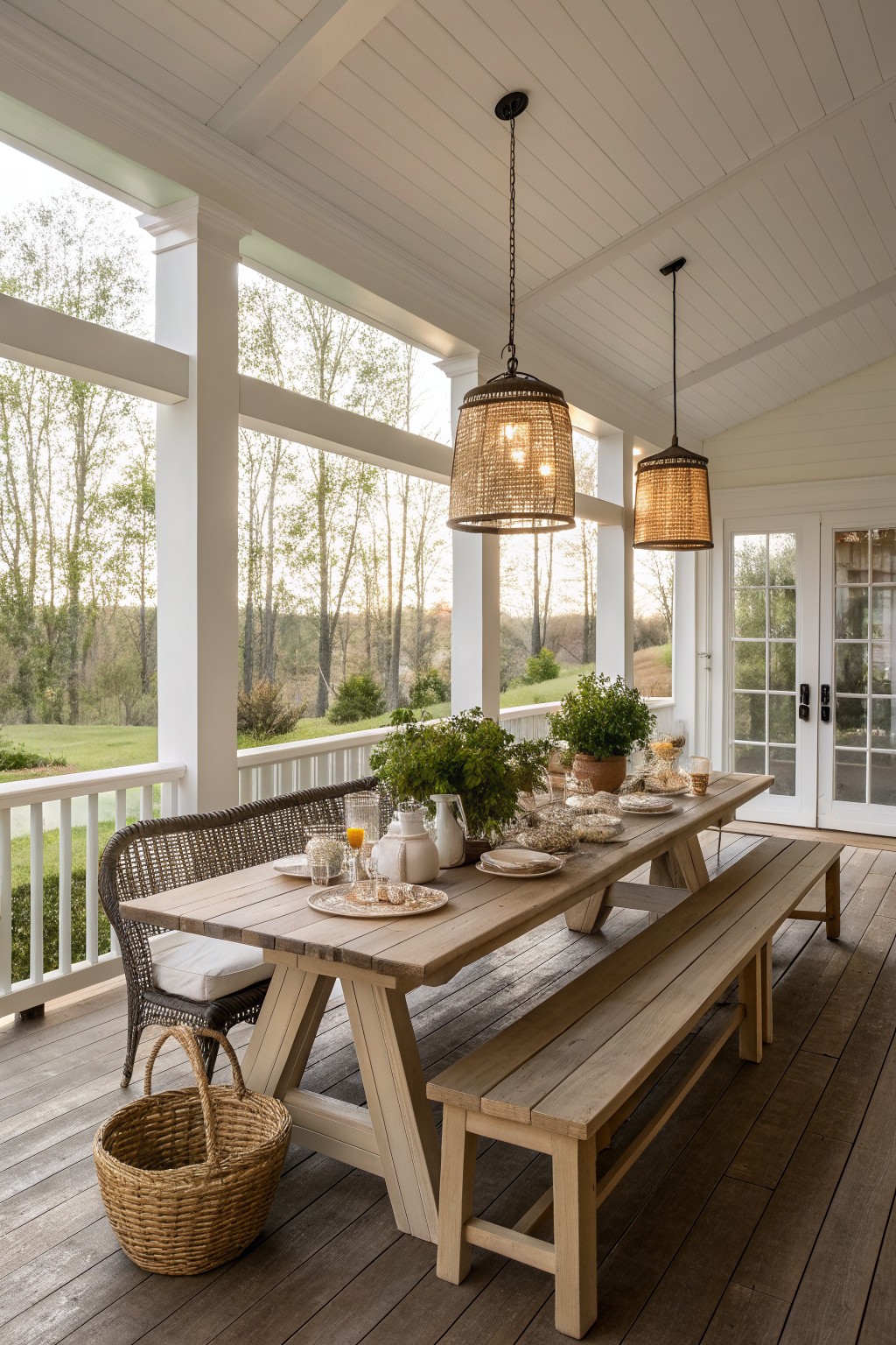 Rustic wooden dining table on porch with bench, wicker chair, and hanging rattan lights.