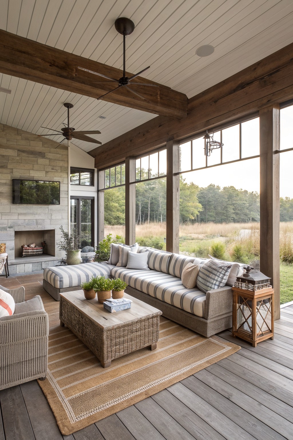 A covered porch features a large striped sectional sofa arranged around a wooden coffee table on a striped rug, with a stone fireplace and large windows in the background.