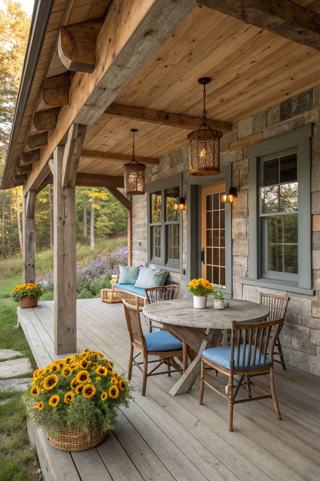 A covered wooden porch with a round dining table, blue cushioned chairs, hanging lanterns, a built-in bench, and potted yellow flowers.