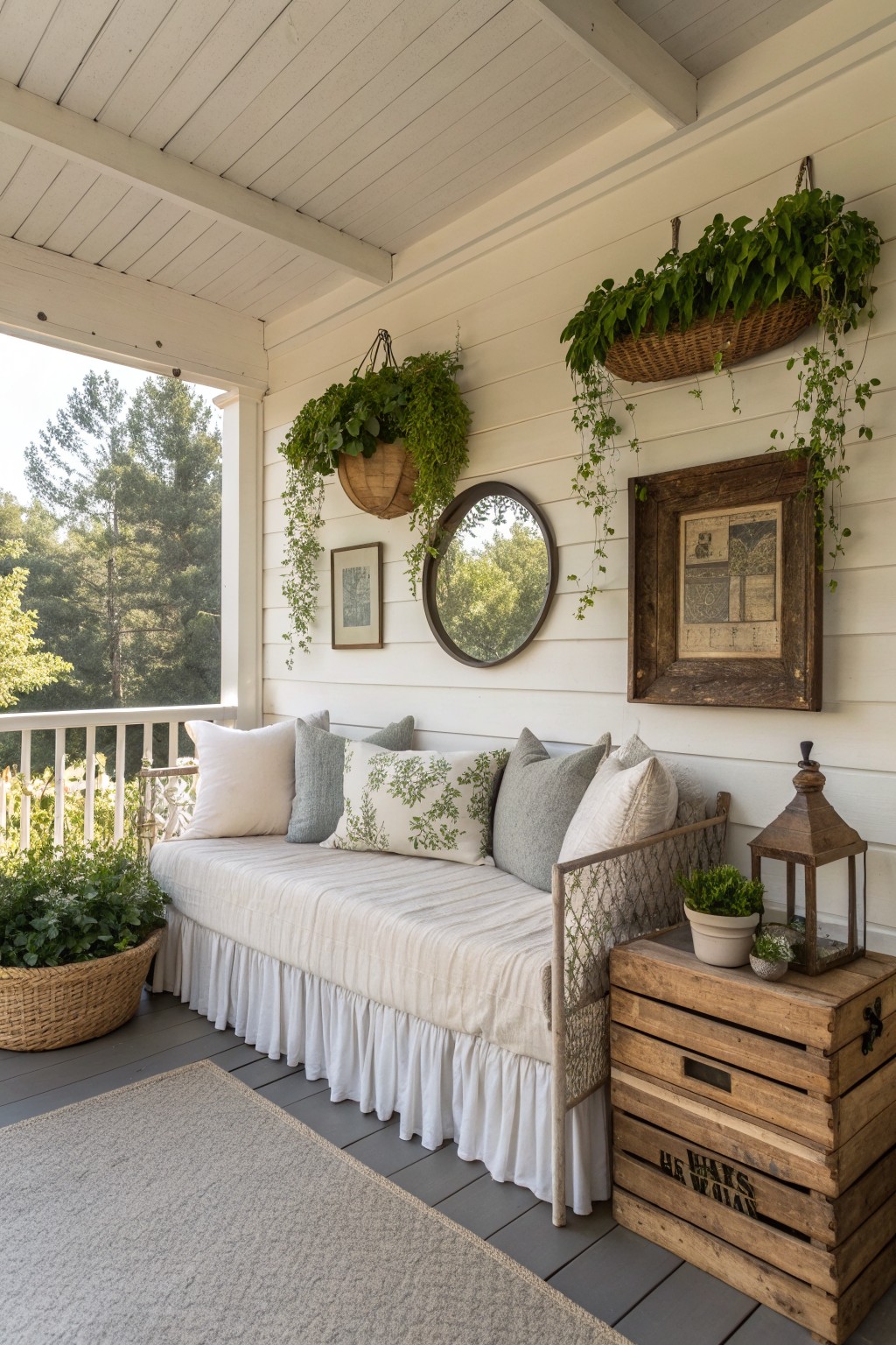 A white skirted daybed with multiple pillows sits on a farmhouse porch beside wooden crates, with hanging plants and a round mirror on the wall behind it.