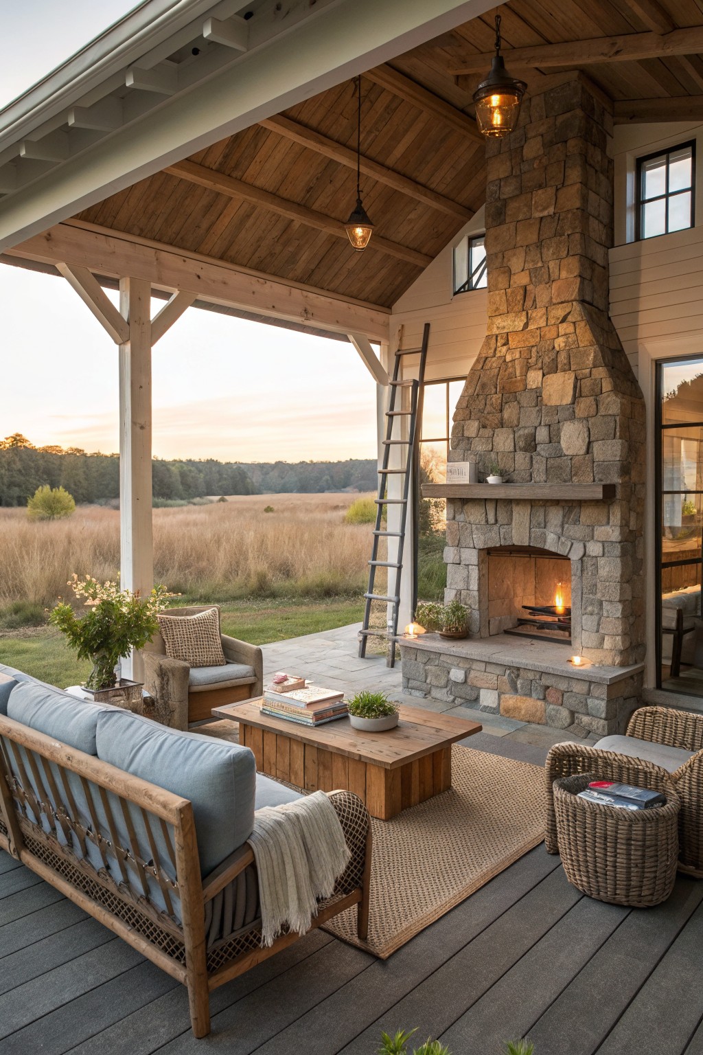 A covered wooden porch with a large stone fireplace, blue sofa, wooden coffee table, and wicker chairs overlooking a field at sunset.