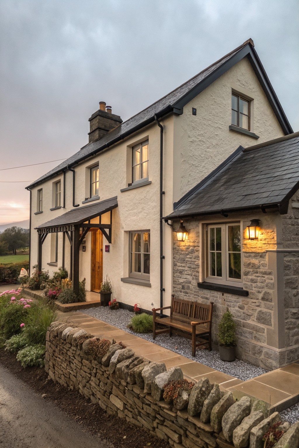 White cottage with slate roof, lit windows, wooden bench, and stone wall.