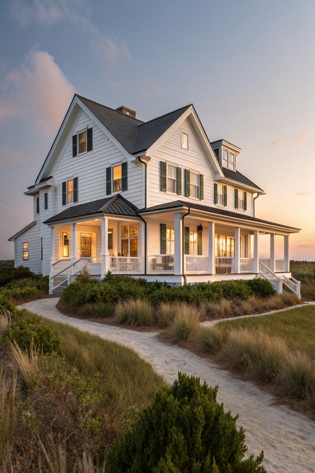 Large white beach house with green shutters and lit porch on sandy dunes at dusk
