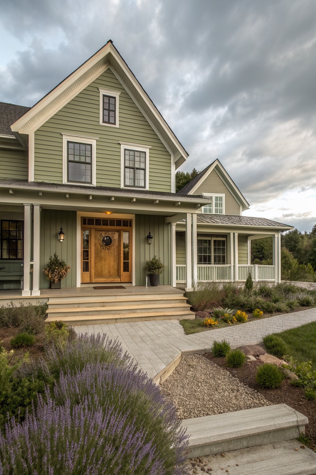 Sage green two-story house with white trim, wooden door, porch, and blooming garden.