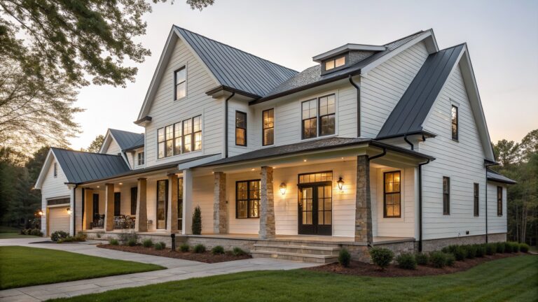 22 Creative Farmhouse Elevation Ideas Focused on Balanced Mixed Materials Large white modern farmhouse with stone porch, wooden columns, and lit windows at dusk.