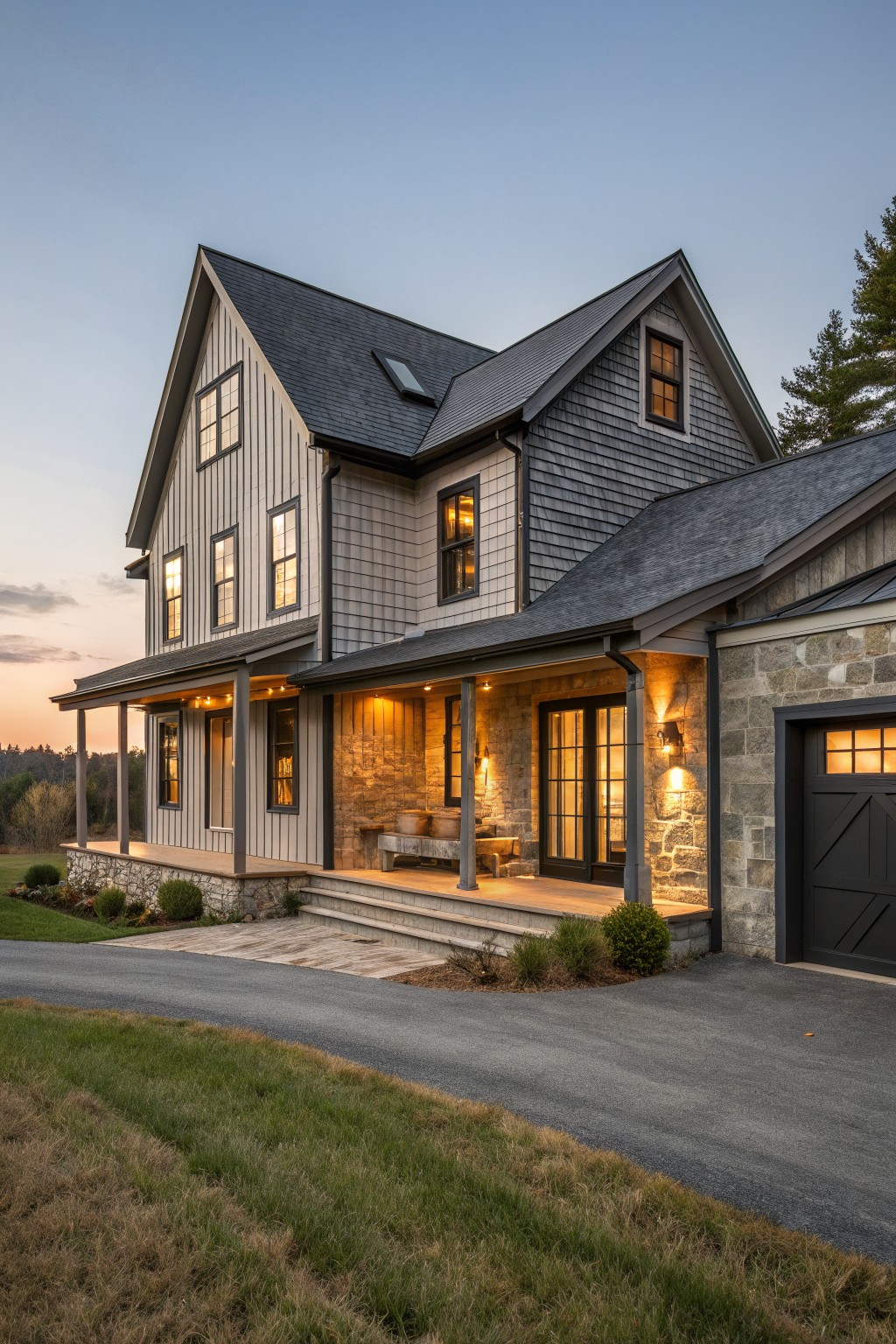 A two-story gray farmhouse exterior with vertical siding, stone accents around the porch and entry, a covered porch with steps, and a black garage door on the right side.