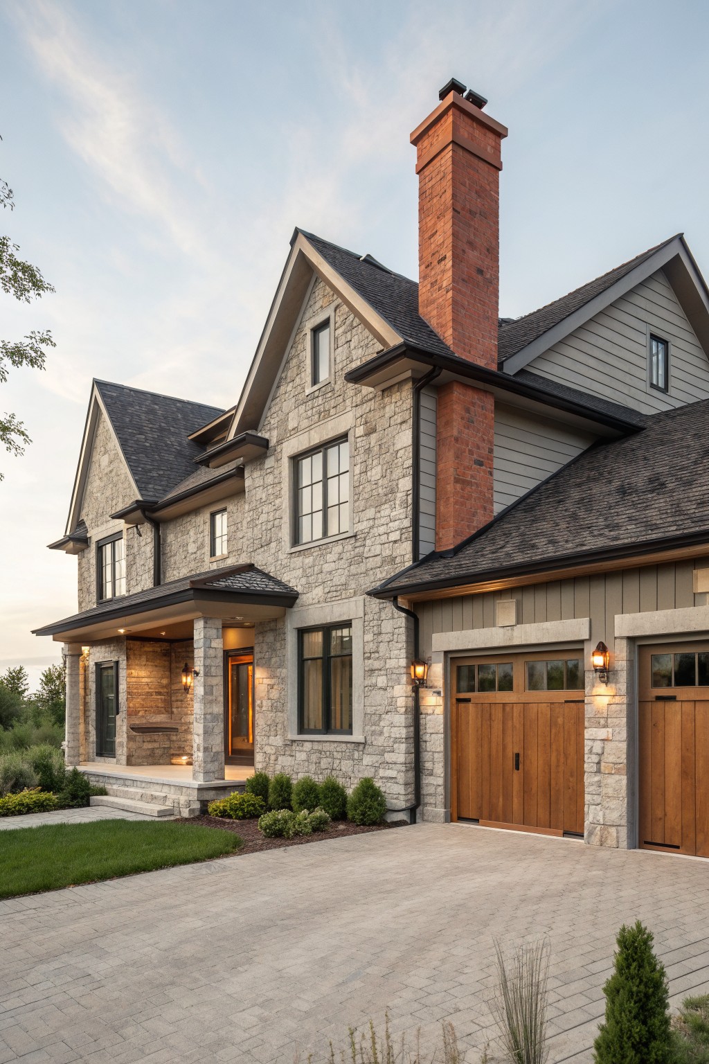A two-story farmhouse exterior featuring a stone facade on the central section, gray horizontal siding on the wings, a tall red brick chimney, and wooden garage doors.