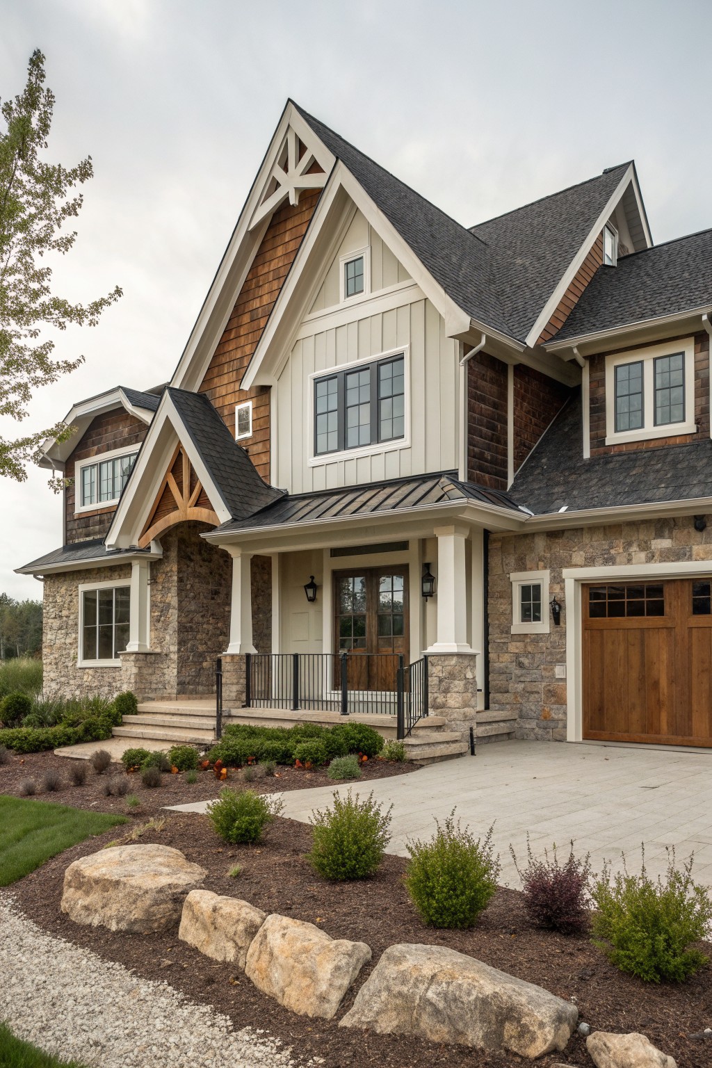 A two-story farmhouse exterior with stone on the lower walls, wood shingles on the gables, light siding, a covered porch with white columns, and a wooden garage door.