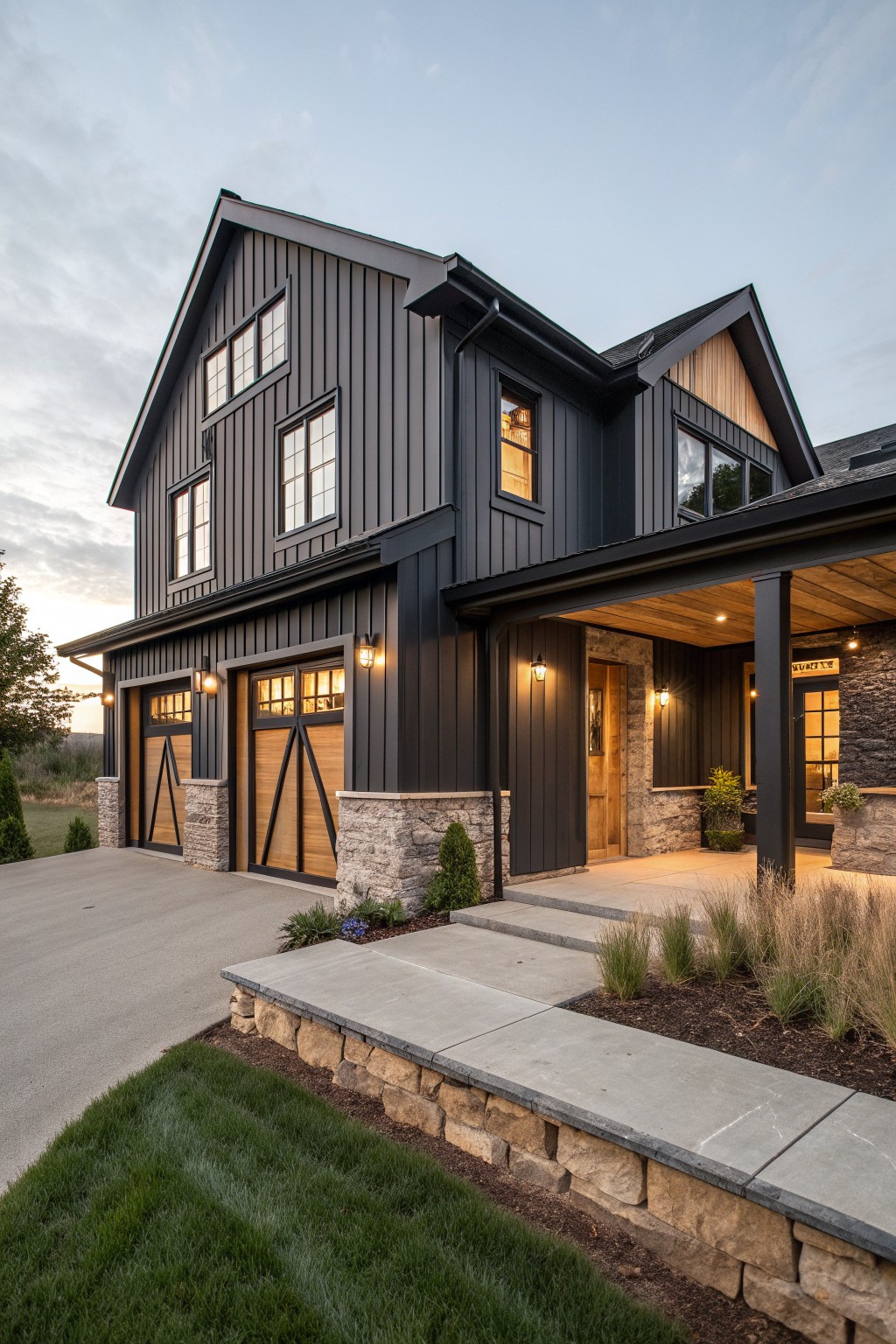 A modern farmhouse exterior featuring dark vertical siding, stone bases around the garage and entry, and wooden accents on the doors and gables.