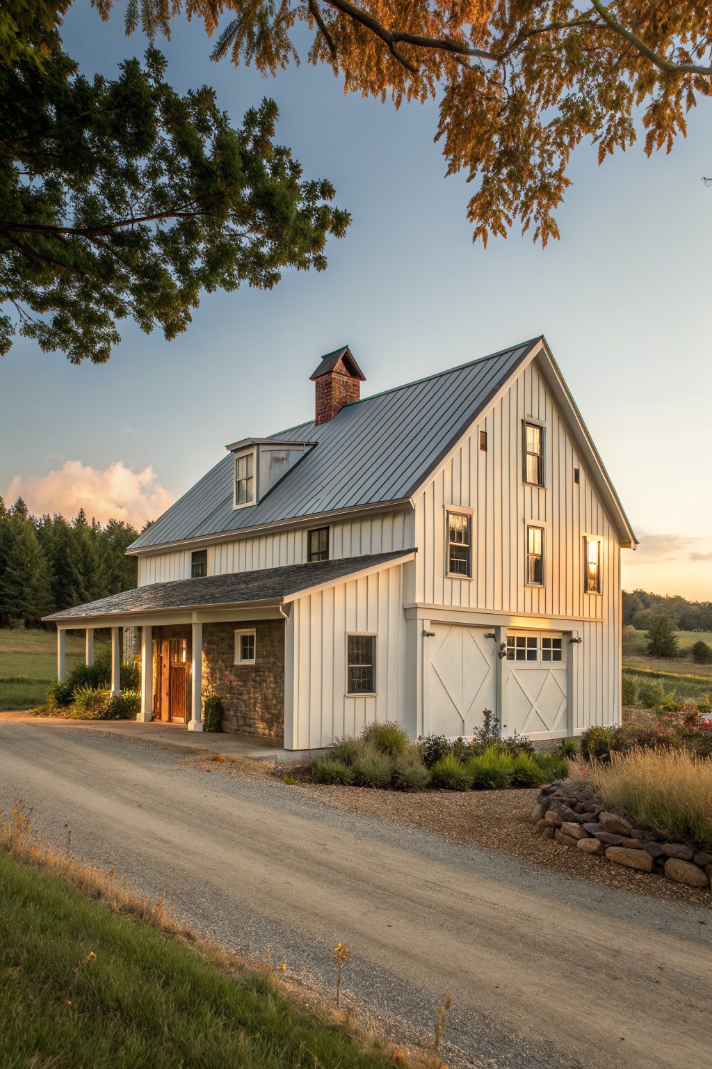 White two-story barn home with metal roof and lit windows at sunset