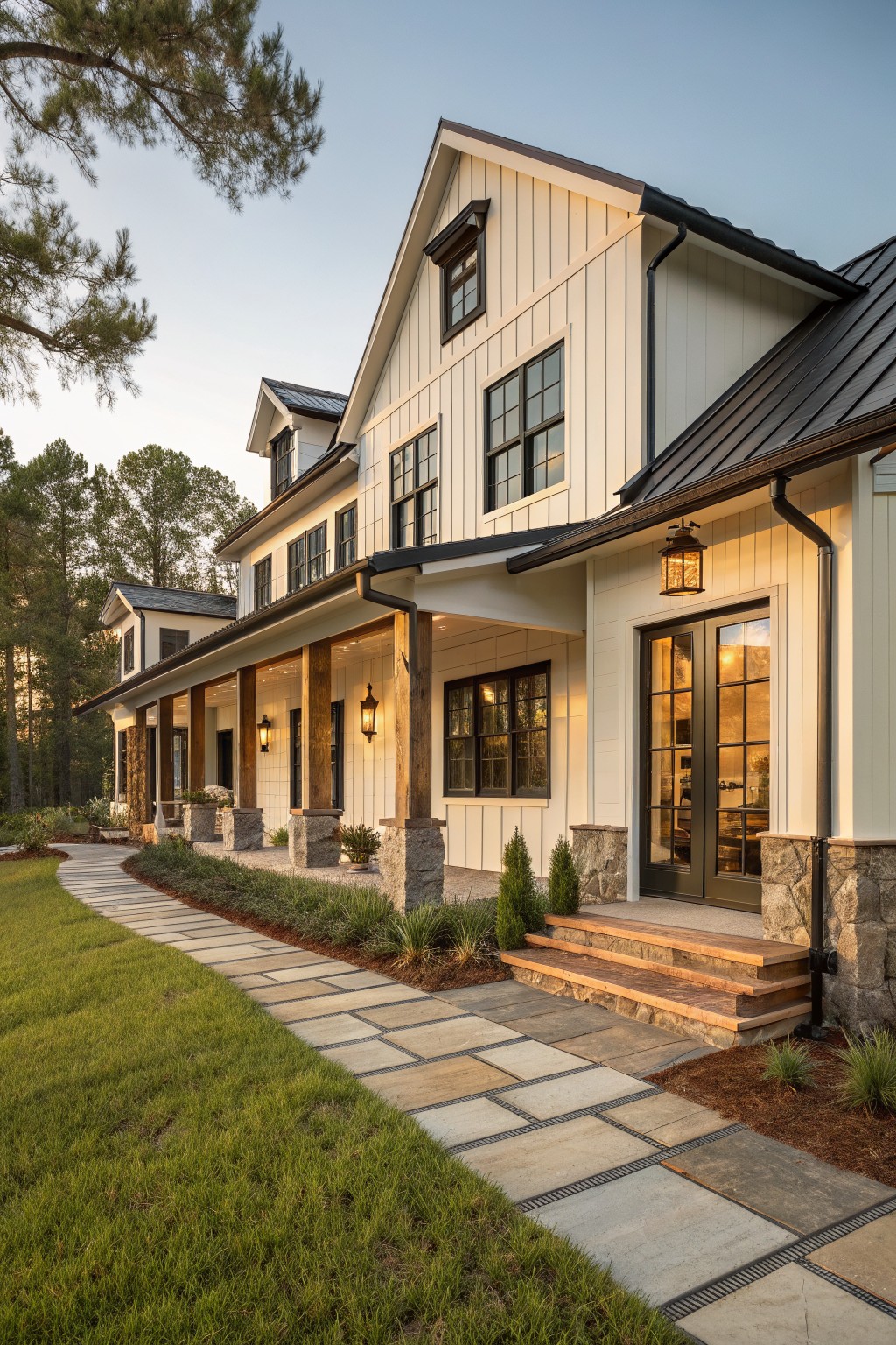 A two-story white farmhouse with vertical siding, stone bases on columns and walls, black metal roof, and a stone pathway leading to the front steps.