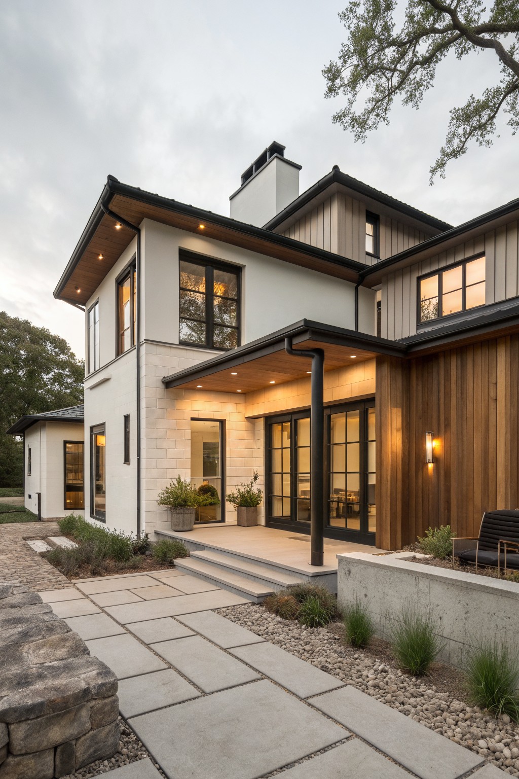 A two-story modern farmhouse exterior with white brick on the left side, vertical wood siding on the right, black-framed windows, a covered entry porch, and a stone paver walkway.