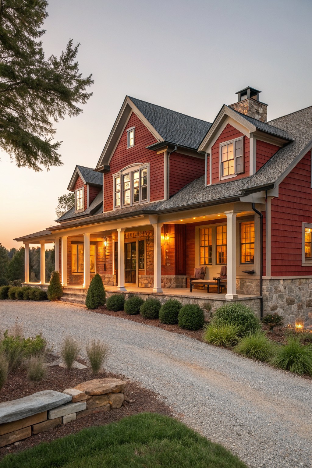 A red wood-sided farmhouse with a stone foundation, wraparound porch, and dark shingled roof viewed from the gravel driveway at dusk.