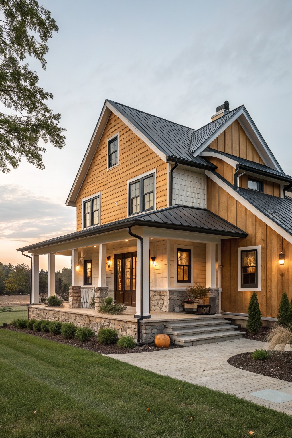 Yellow two-story house with black metal roof, stone porch, and lit windows at dusk