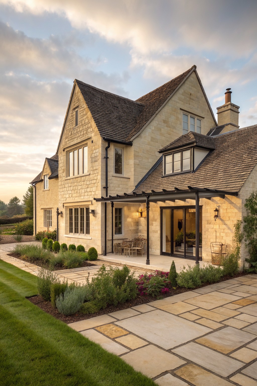A two-story stone house with multiple gables, dark shingle roofs, and a covered patio area in front.